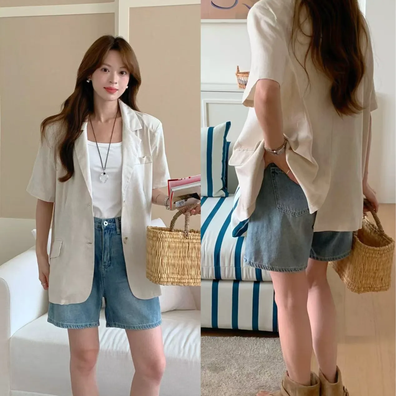 

Summer Vintage Lapel Single Button Loose Cotton Linen Suit Jacket Women's Fashion Straight Cut Short Sleeve Versatile Style