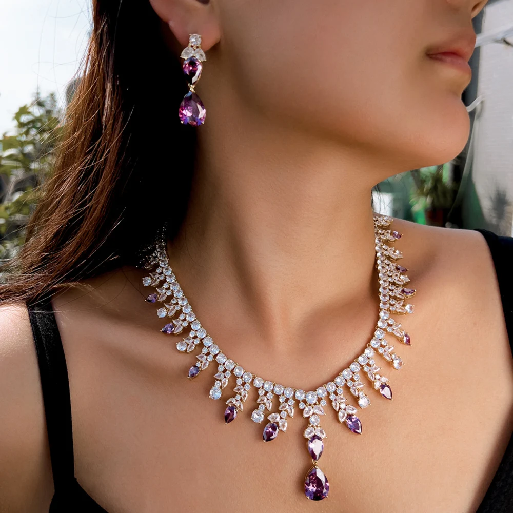 

BeaQueen Luxury Shiny Purple White CZ Crystal Tassel Water Drop Necklace Earrings Jewelry Set for Women Wedding Prom Night S344