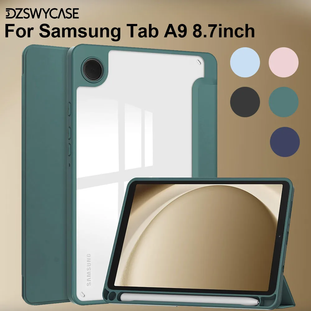 

Чехол для Samsung Galaxy Tab A9/A11 8,7 дюйма 2023 2025, прозрачная задняя часть, с подставкой для карандашей, чехол с функцией автоматического сна/пробуждения
