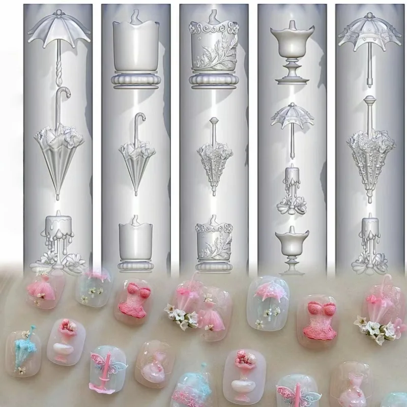 قالب أظافر من السيليكون الشفاف، قناع فستان رقص بمظلة من الدانتيل، مجوهرات أظافر ثلاثية الأبعاد، قالب أظافر فني ومبتكر