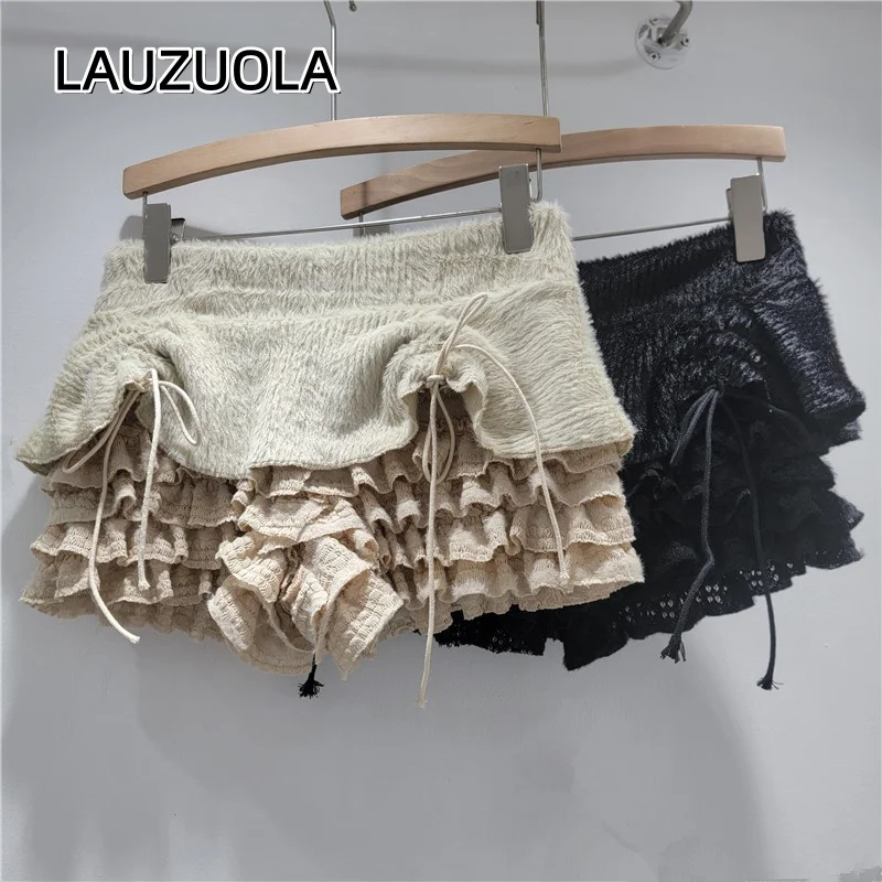 Sexy Furry Knitted Layered Ruffle Skirt Shorts 2025 New Autumn Winter Fashion Elegant Spicy Girl Drawstring Short Pants Y2K