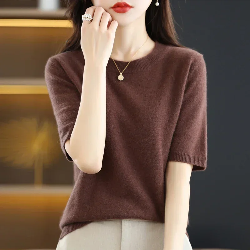 2024 Spring New Design Grace Simplicity Light Women\'s O-neck Short-Sleeved Worsted Europe Style Cashmere Sweater Pullover Soft