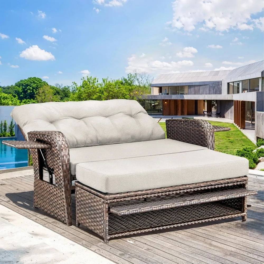 

Patio Rattan Daybed: Wicker Recliner Loveseat for Two with 5-Level Adjustment & Stowable Tray​