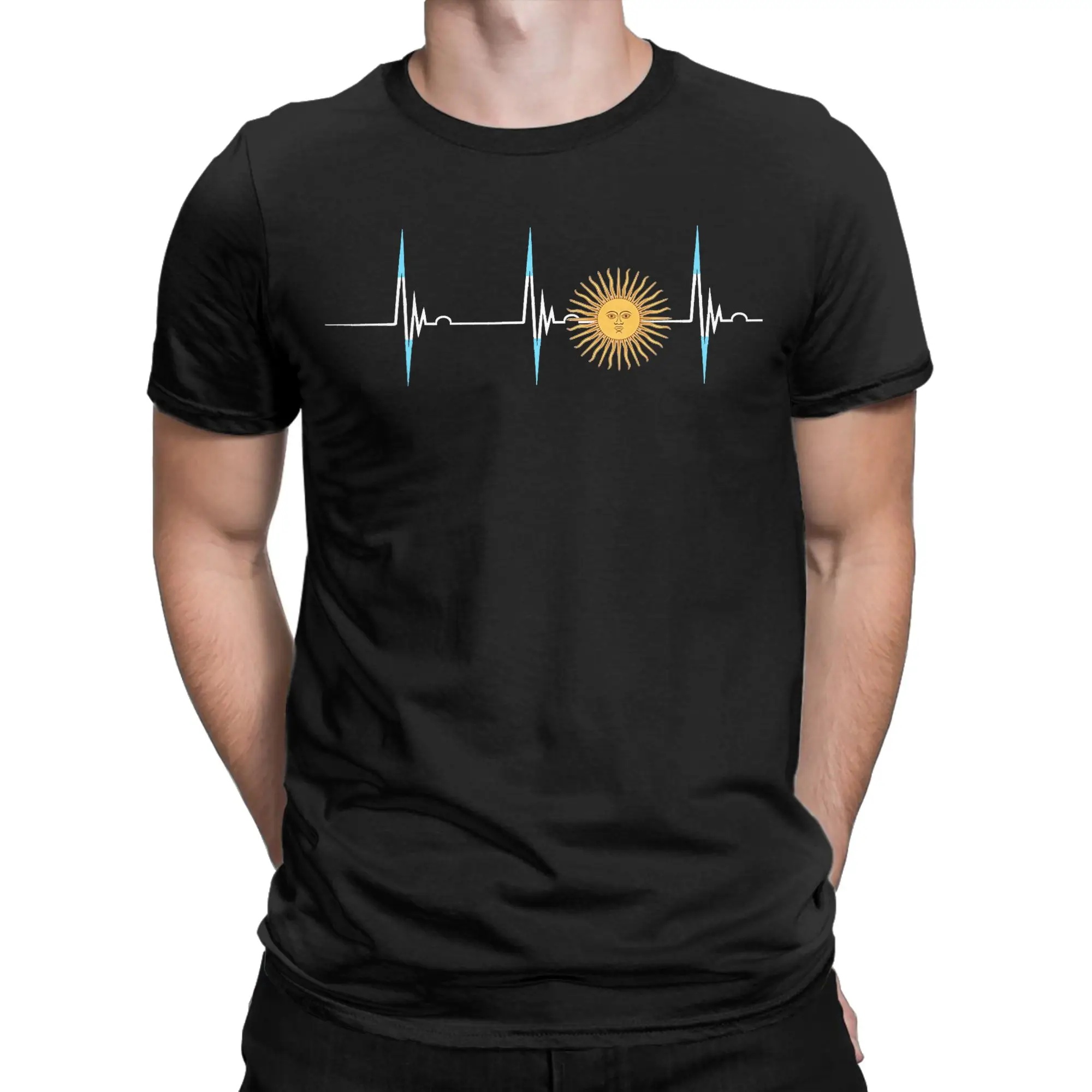 Men T-Shirts Argentina Sun May Heartbeat ECG Pulse Argentine Pride Funny Cotton Tee Shirt Short Sleeve  T Shirt Round Neck