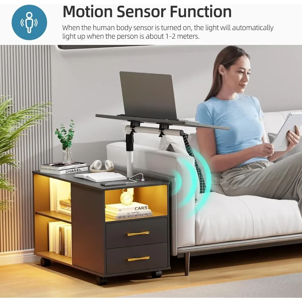 360° LED Nightstand with Wireless Charging Station, Movable Adjustable Bedside Table with Laptop Tray, Auto Sensor Night Stand