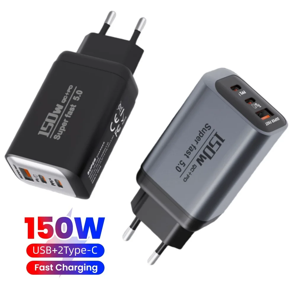 150W  QC3.0 USB Type C Fast Charging Charger USB Mobile Phone Charger Travel Adapter For iPhone 17 Samsung Xiaomi EU/UK/US Plug