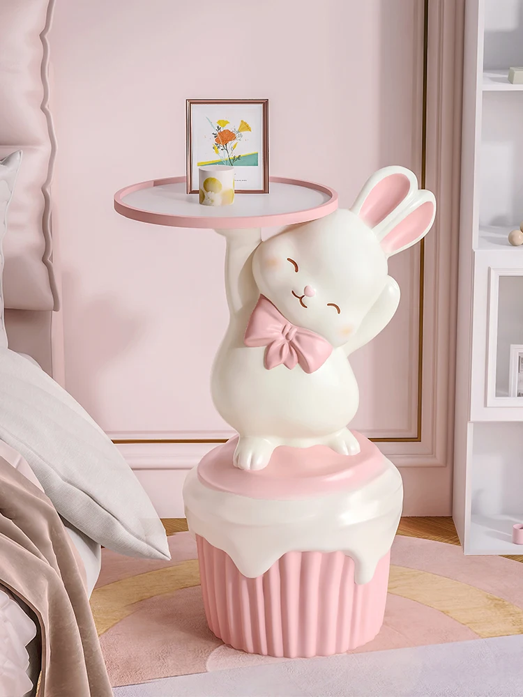 Room Decor Happy Rabbit Statue Floor Tray Ornament Creative Living Room Large Decorative Cartoon Side Table Home Decor Sculpture