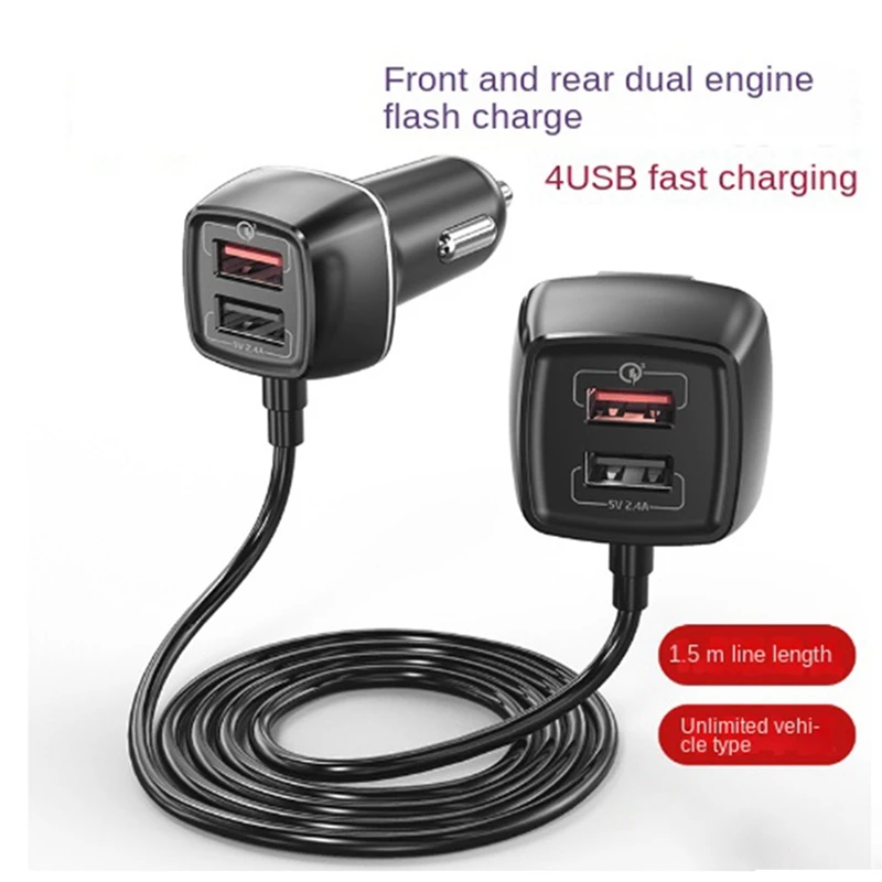 1 Piece Front And Rear Flash Charge Car Adapter 4 Ports USB Black For Iphone Xiaomi Huawei Samsung Fast Charging