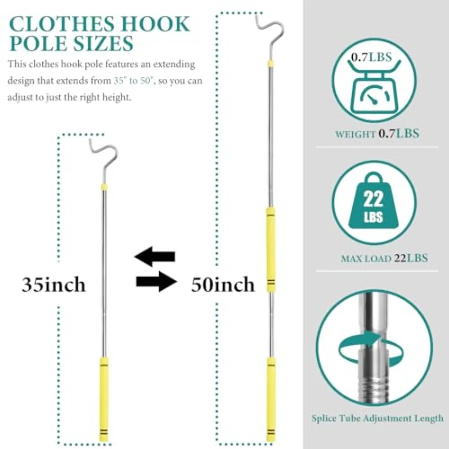 Clothes Hook Pole, Clothes Hanger Reaching Hook for Hanging Clothes Light and Plants Extendable from 35