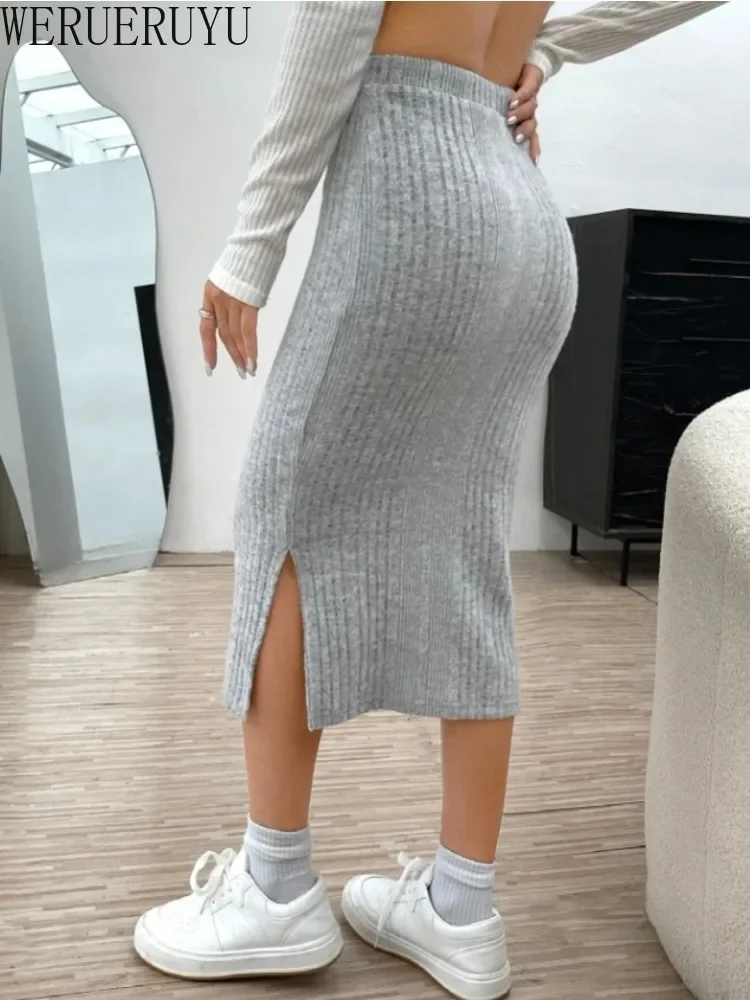 Casual Gray Knitted Skirts for Women Y2k Clothes Autumn Winter Harajuku Fashion High Waist Drawstring Midi Skirt for Women 2024