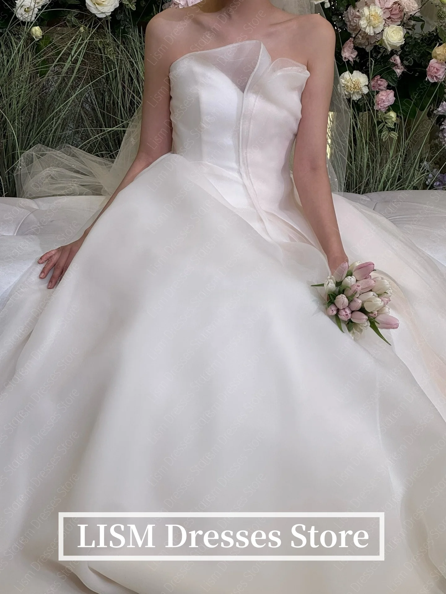 LISM Einfache A-Linie koreanische Brautkleider aus Seidenorganza für Fotoshootings, elegante lange Brautkleider, maßgeschneidert, Omar Nadula Brautkleid
