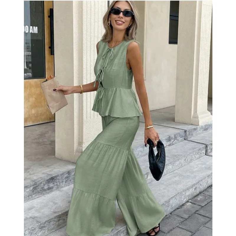 

TRAFZR New Two Piece Set for Women Vest and Wide Leg Pants Vacation Outfits Woman Suits Luxury Designer Trousers Sets Pant Lady
