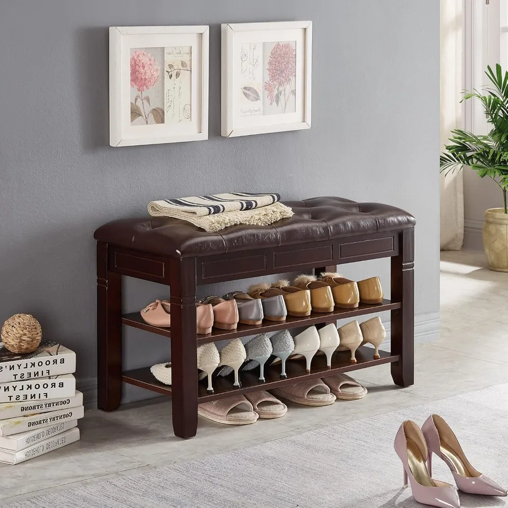 رف أحذية لمدخل المقعد من الألياف مع منظم علوي من طبقتين لتخزين الأحذية الخشبية للممر والمدخل