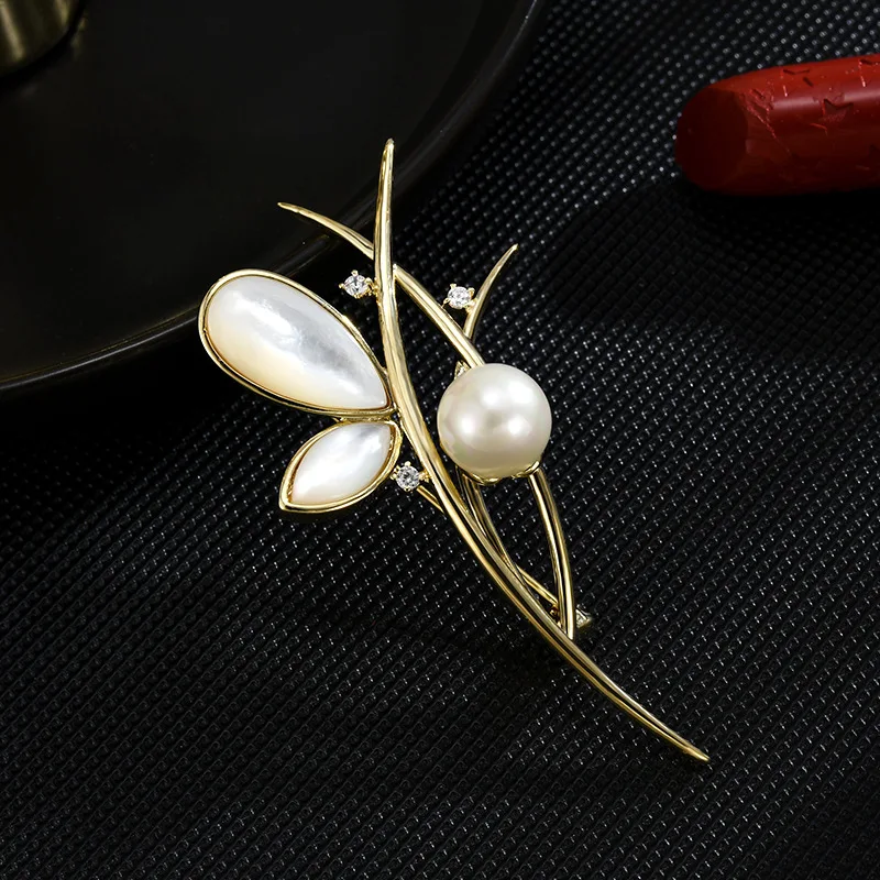 Chinese Style Natural Mother Of Pearl Pearl Orchid Brooch Gold Tone Lucky Auspicious Pin For Women Daily Party Apparel Accessory