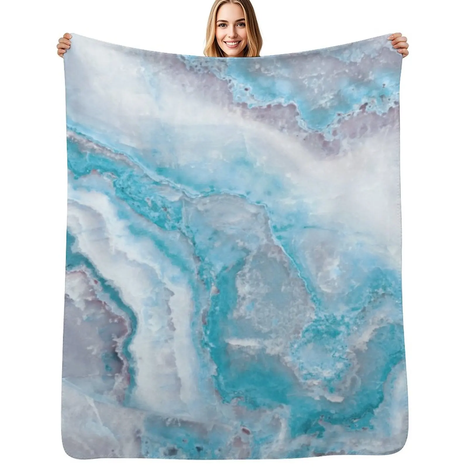 Luxury Mermaid Blue Faux Agate Marble Geode Gem Throw Blanket Flannel Fleece Soft Warm Throw Blanket