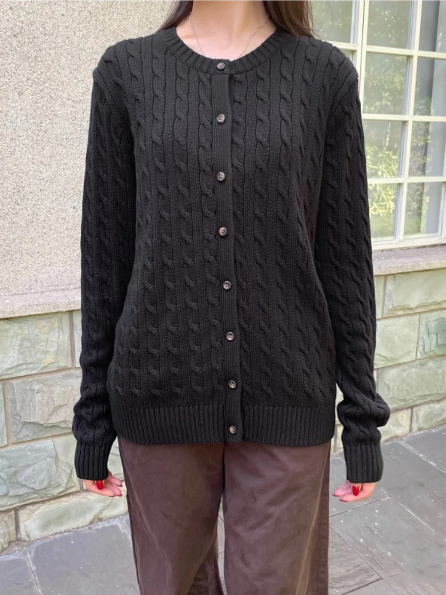 

Black Twisted Flower Sweater Cardigan Woman Autumn O-neck Single Breasted Knitwear Tops New Preppy Style Vintage Sweaters Coat