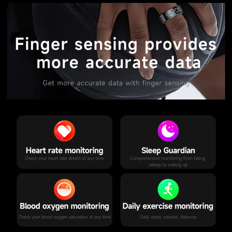 Smart Ring for Men Women Heart Rate Blood Oxygen Sleep Monitoring Multi Sports Modes 5ATM & IP68 Waterproof for Android IOS