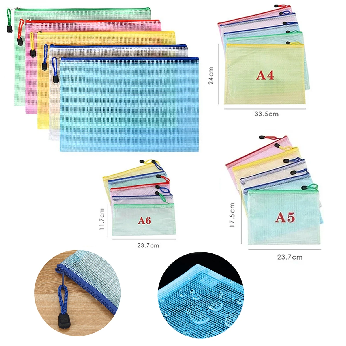 

5PCS Stationery Storage Folder File Mesh Zipper Pouch A4/A5/A6 Document Bag Zip File Folders School Office Supplies