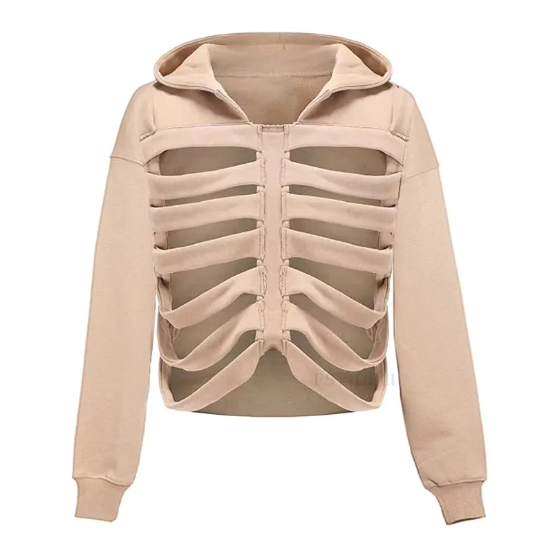 Halloween Solid Skeleton Hollow Out Hooded Sweatshirts Women Long Sleeve Loose Casual Pullovers Hoodies Harajuku Streetwear Tops