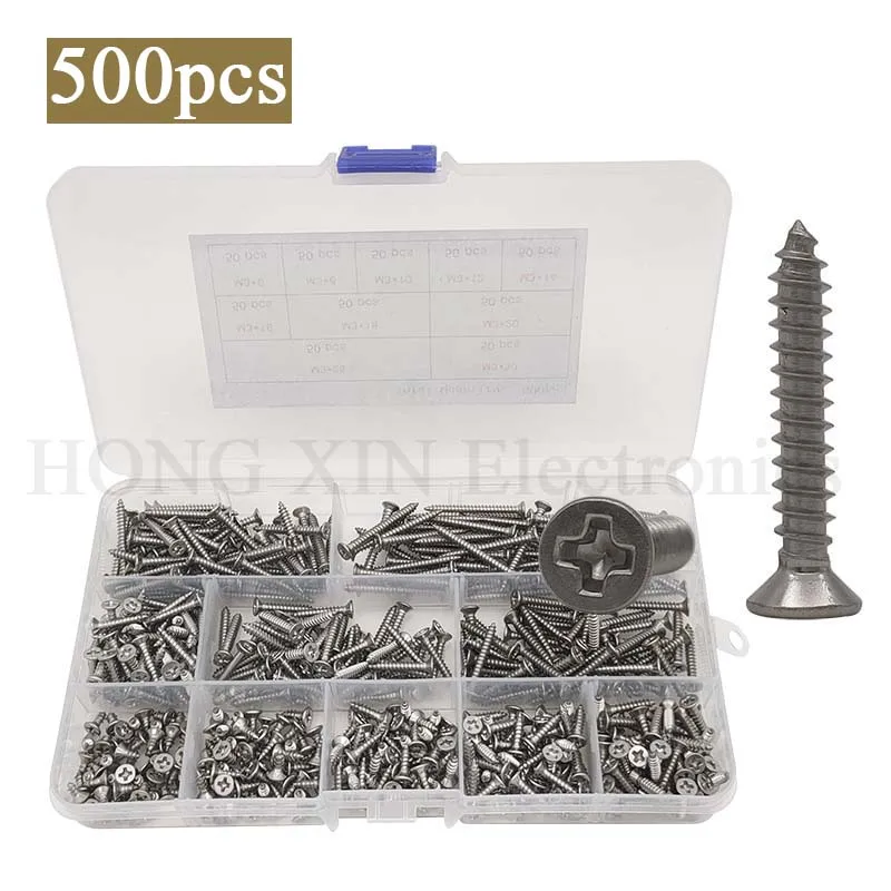 

500pcs/Set M3*6-30mm 304 A2 Stainless Steel Carbon Steel Phillips Flat Countersunk Head Wood Self Tapping Screw