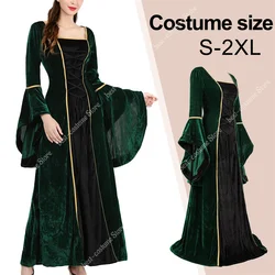 Women Medieval Renaissance Dress Cosplay Halloween Costumes Plus Size Elegant Velvet Dress Long Sleeves Green Victorian Gown