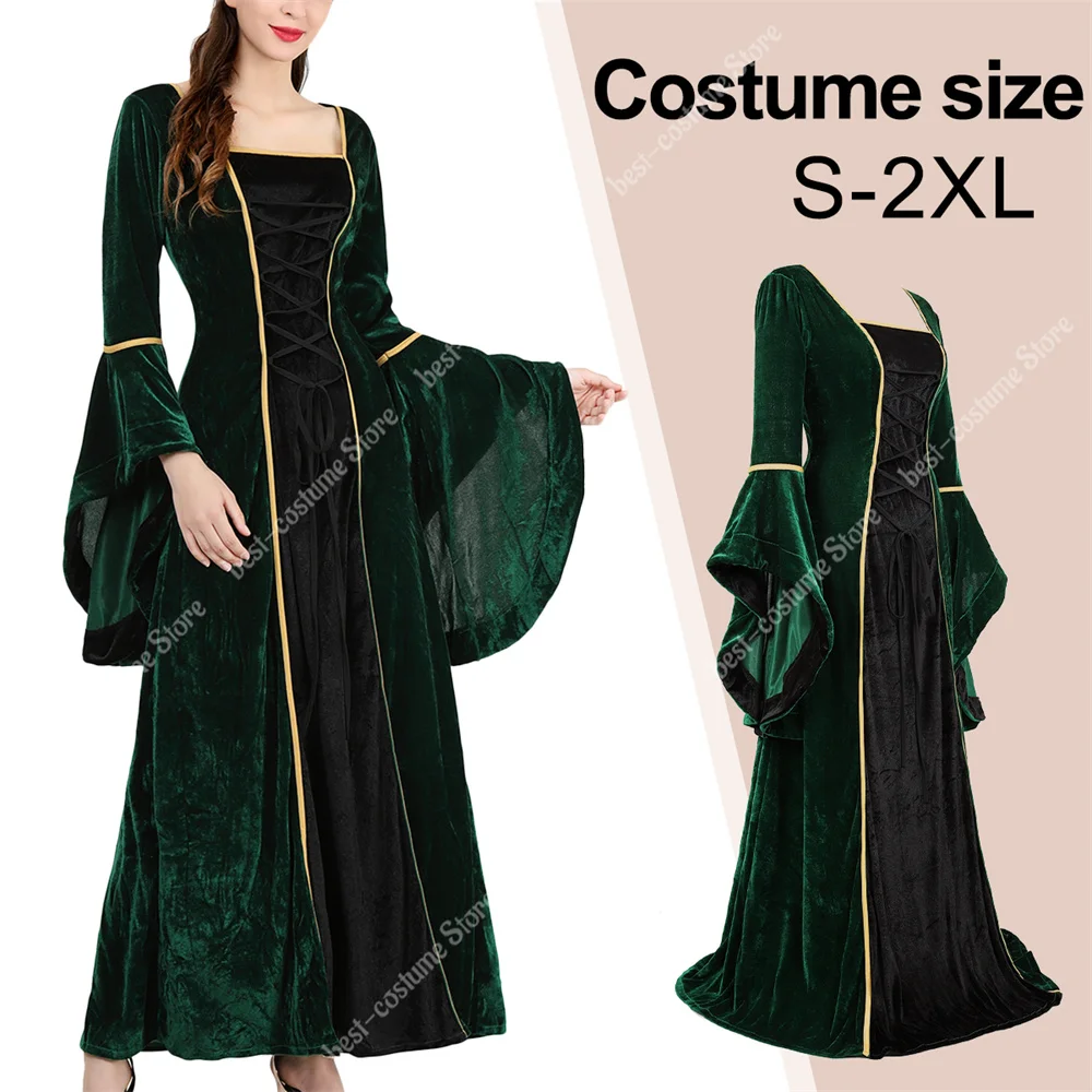 Women Medieval Renaissance Dress Cosplay Halloween Costumes Plus Size Elegant Velvet Dress Long Sleeves Green Victorian Gown