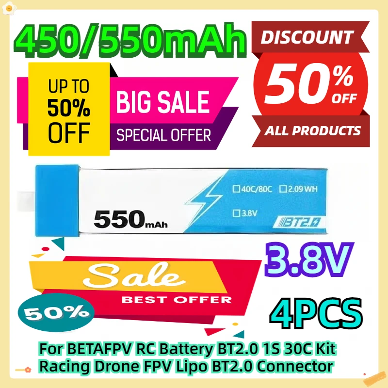 

For BETAFPV RC Battery BT2.0 450mAh 550mAh 1S 30C Kit Racing Drone FPV Lipo BT2.0 Connector 4pcs