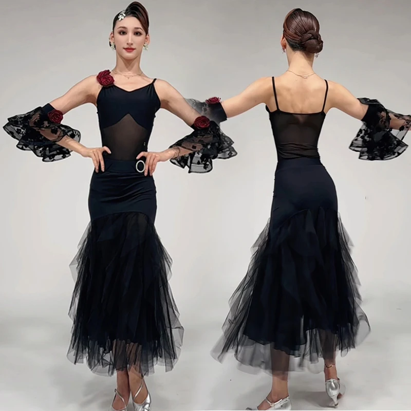 Sommer Ballroom Dance Kleid Schwarz Ärmellose Leistung Anzug Frauen Standard Modern Dance Outfit Walzer Praxis Kleid AMY2408