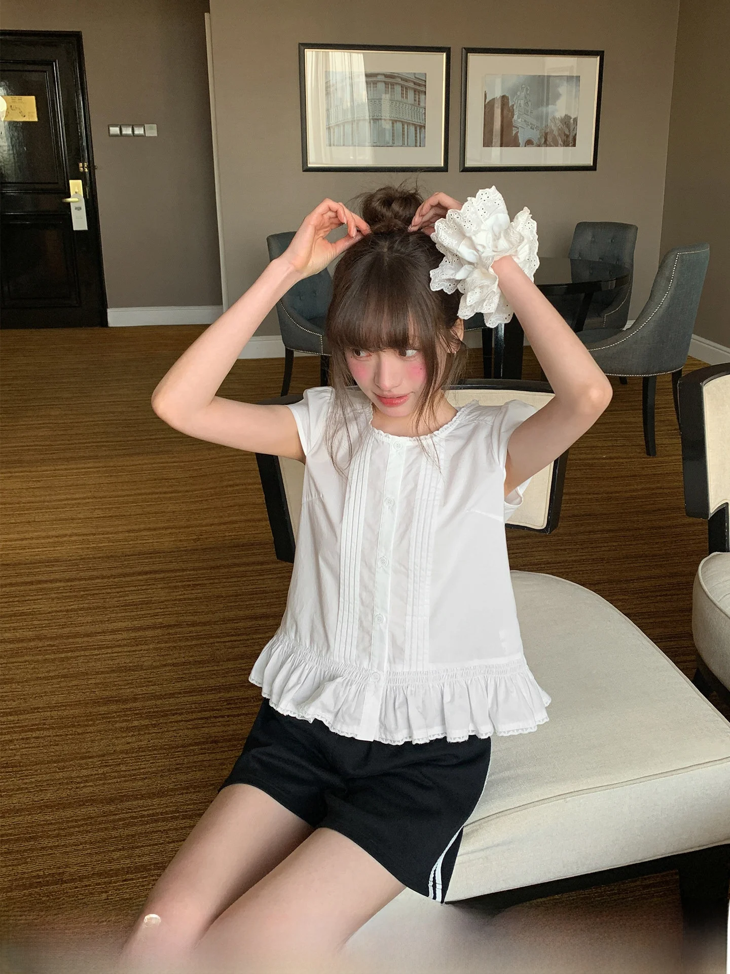 

Hello Lightweight Loose Doll Shirt Women Summer Sweet Style Half Sleeve Large round Neck Casual Cotton Top