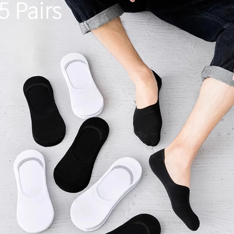 5 paires de chaussettes invisibles en coton pour hommes, couleur Pure, bouche légère, printemps et été, chaussettes simples pour bateau à vent