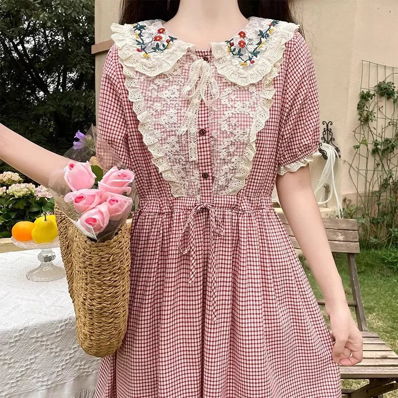 

Vintage Plaid Lolita Dress Women Japanese Kawaii Ruffled Peter Pan Collar Dress Summer Sweet Princess Puff Sleeve Party Vestidos