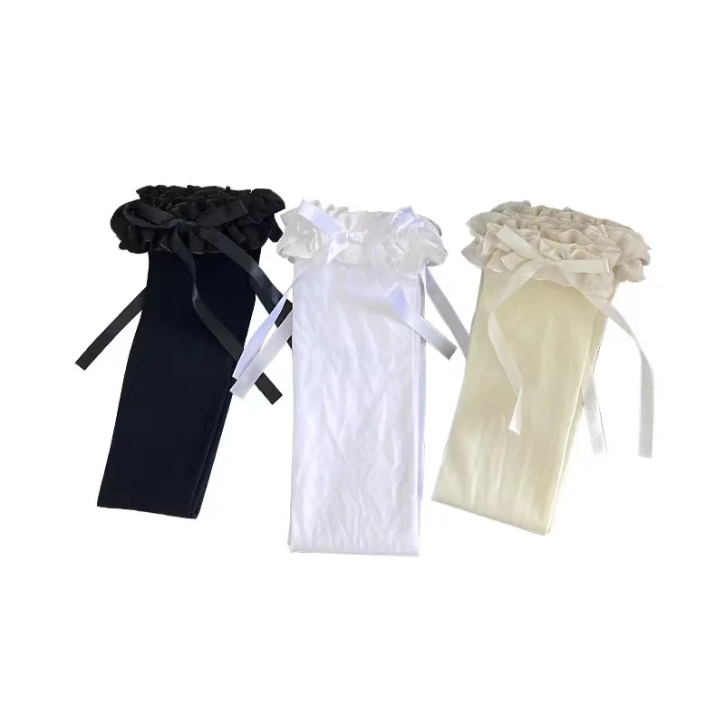 Mulheres rendas preto branco plissado meias longas mulheres meninas meias doces jk lolita náilon rendas leggings sobre o joelho bowknot meias