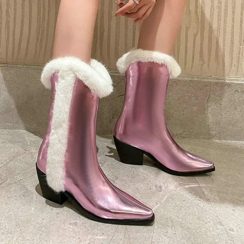 

2024 Women Mid Calf Boots Pointed Toe Square High Heel Ladies Calf Boots PU Leather High Quality Dress Fashion Winter Women Shoe