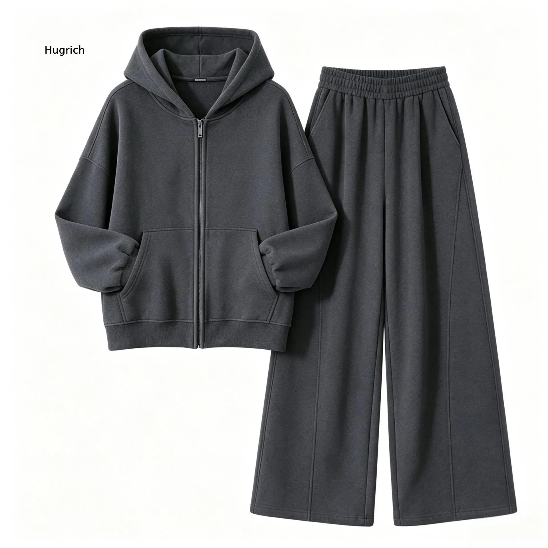 Women Full Zip Hooded Sweat Jacket With Pocket And Elastic Waist Wide Leg Long Pants Two Piece Casual Matching Outfit Set