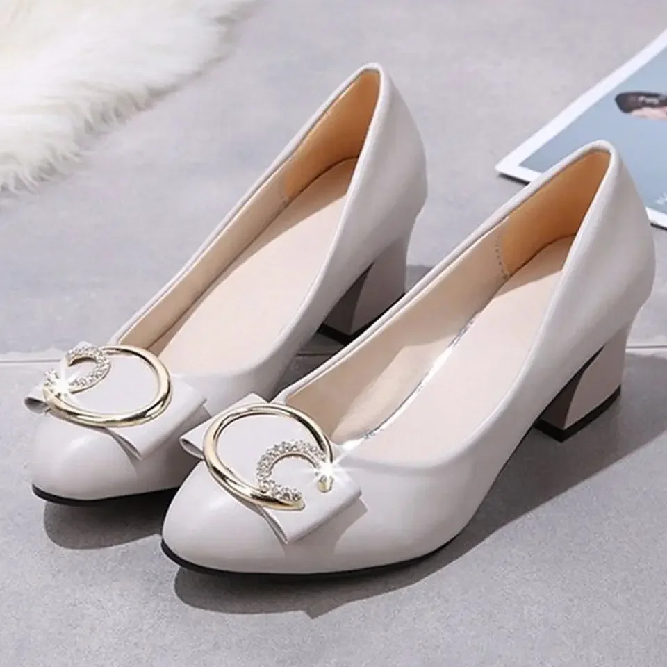 Woman Footwear Beige Pointed Toe with Medium Heels Office Shoes for Women Normal Leather Casual Moccasins Metal Decoration E L A