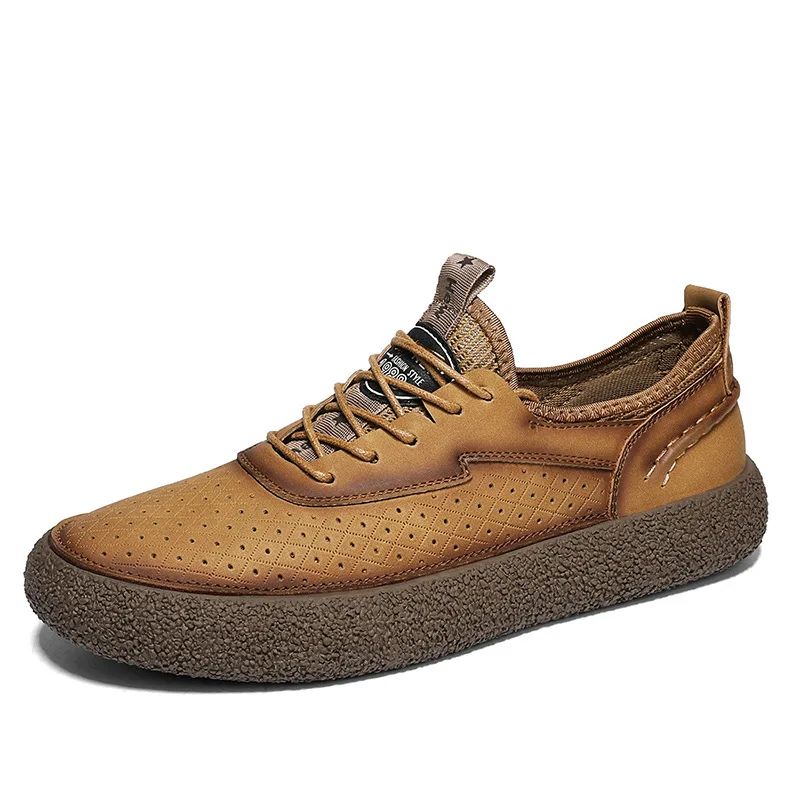 Perforated Ventilation Men Leather Casual Shoes Comfortable Breathable Sneakers Outdoor Designer Walking Sneakers Business Shoes
