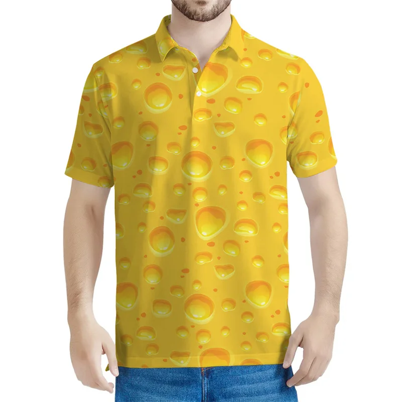 Cartoon Cheese Polo Shirt For Men Summer Street Loose Short Sleeved Tees 3d Printed Food Button Lapel T Shirt Casual Tops