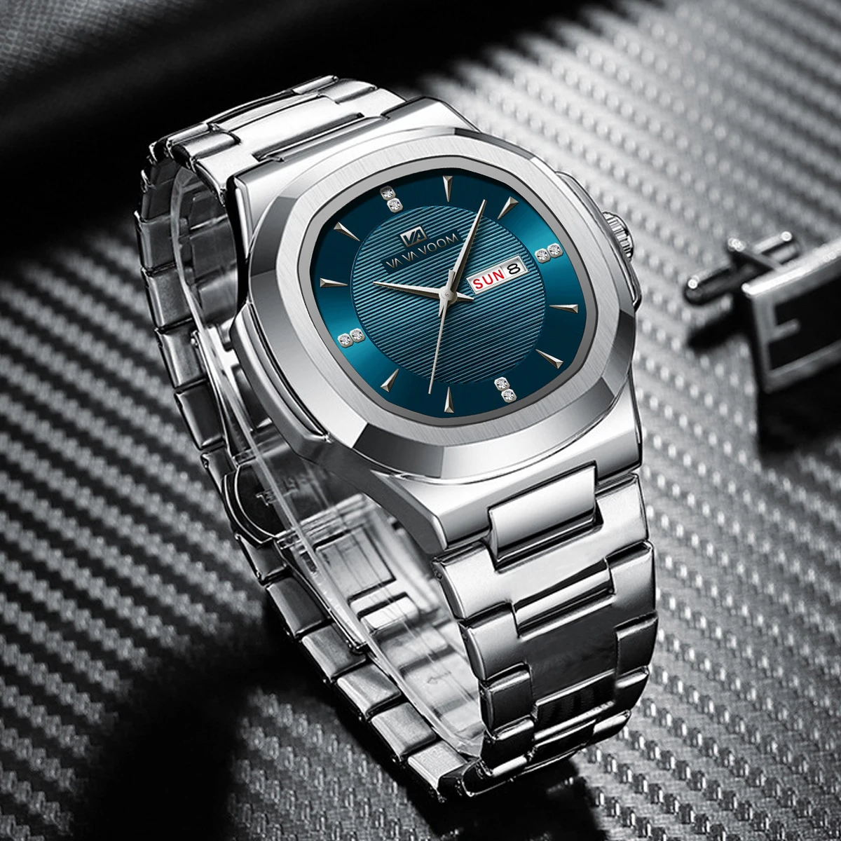 高級メンズラインストーン腕時計ファッショナブルなステンレススチールストラップ 41 ミリメートルブルーダイヤルカジュアルビジネススタイルトップオリジナル腕時計男性用