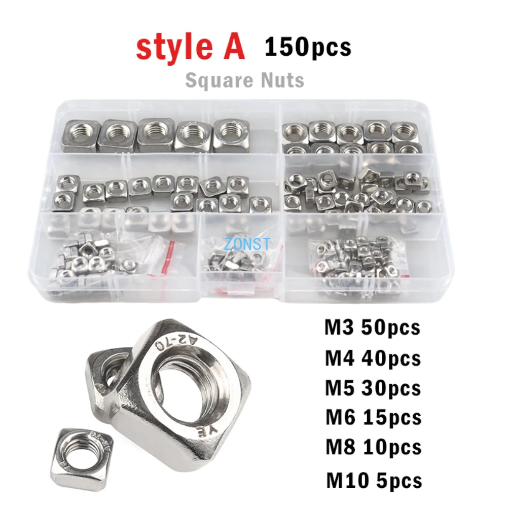 

150/185pcs DIN557 Square Nut Set M3 M4 M5 M6 M8 M10 A2 304 Stainless Steel Quadrate Dimetric Nuts Assortment Kit Box