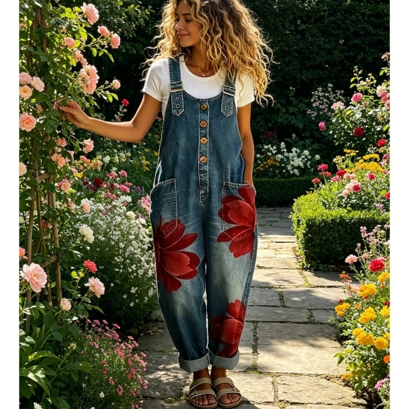 Women's Floral Print Denims Bib Overalls, Button-Front Bib Pants Jumpsuit, Wide Leg Loose Fit Jean Romper for Casual 6XDA