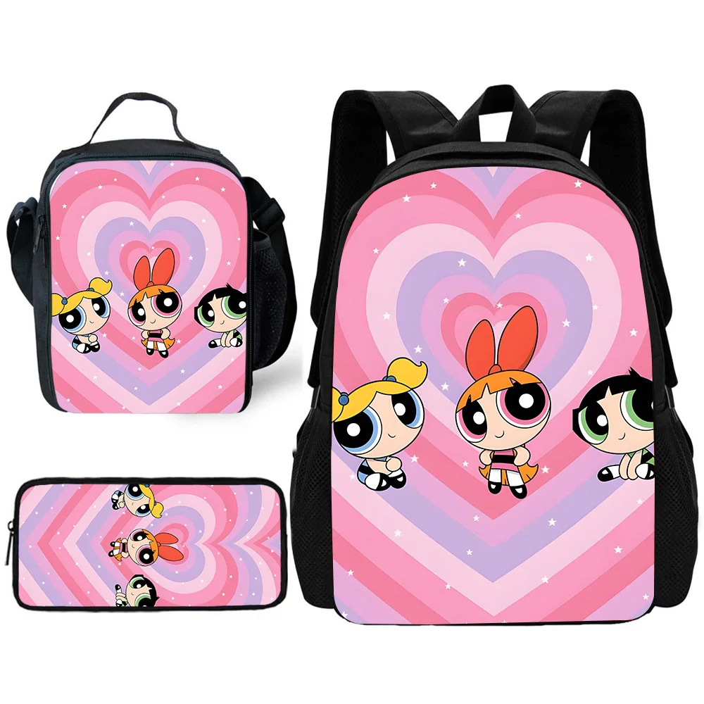 Powerpuffs Anime Sac à Dos d'École pour Enfants, Sacs à Déjeuner, Sacs à Crayons, Sacs d'École pour Garçons et Bol, Meilleur Cadeau, Mignon, Ensemble de 3 Pièces