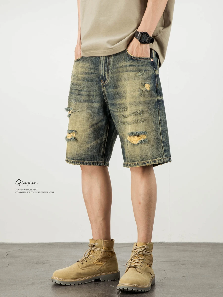 

Рваные мужские джинсы свободного кроя, повседневные тонкие летние прямые джинсы в американском стиле ретро с пятью четверками, молодежные модные джинсы со средней талией