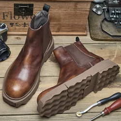 Mature Men's Pull On Leather Ankle Boots Autumn Soft-sole Chelsea Style Businessman Thick-bottomed Formal Dress Shoes Winter