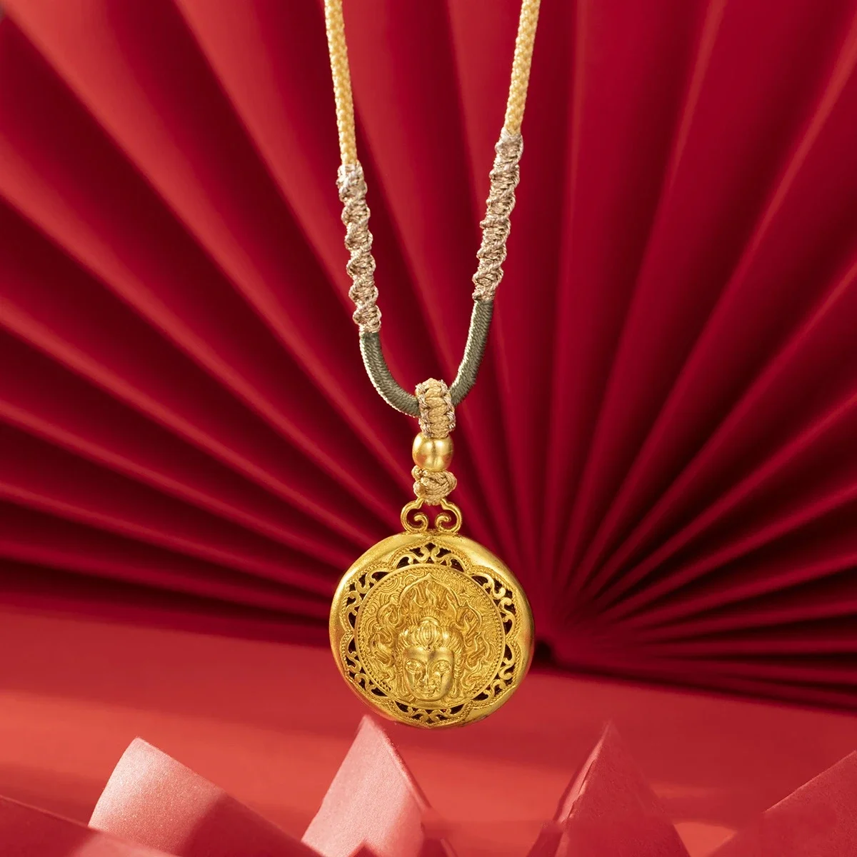 VivoGoldLuxury design 24K real gold Buddha head eight treasure compass pendant men and women necklace au999 pure gold fine penda