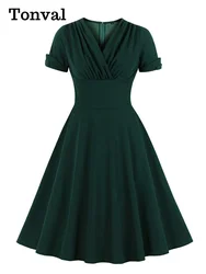 Tonval Ruched V Neck Wrap High Waist 1950S Vintage Green A Line Swing Dresses Women Summer Solid Elegant Party Midi Dress