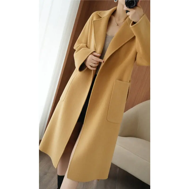 2024 New Premium Hepburn Style Overcoat Female Outerwear Elegant Woolen Solid Color Long Sleeve Trench Coat Warm Coats V12