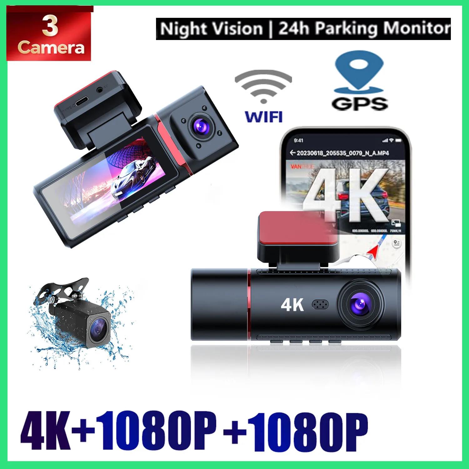 

UHD 4K 3840X2160P Dash Cam Lens Driving DVR Lens Camera Built-In WiFi GPS 24-Hour Parking Monitoring Black Box