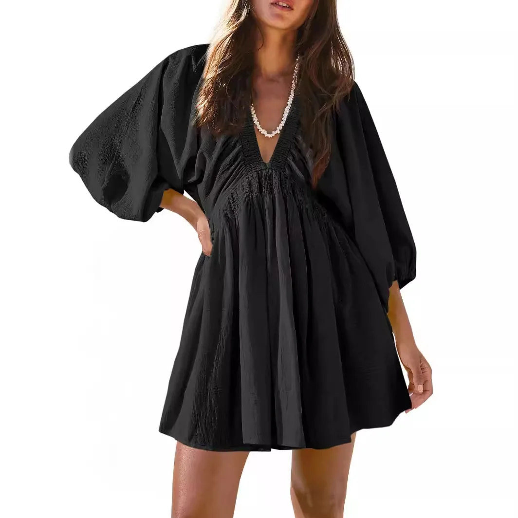 

2025 Summer Spring and Autumn Women's A-Line Beach Skirt V-Neck Long Sleeve Pleated Dress