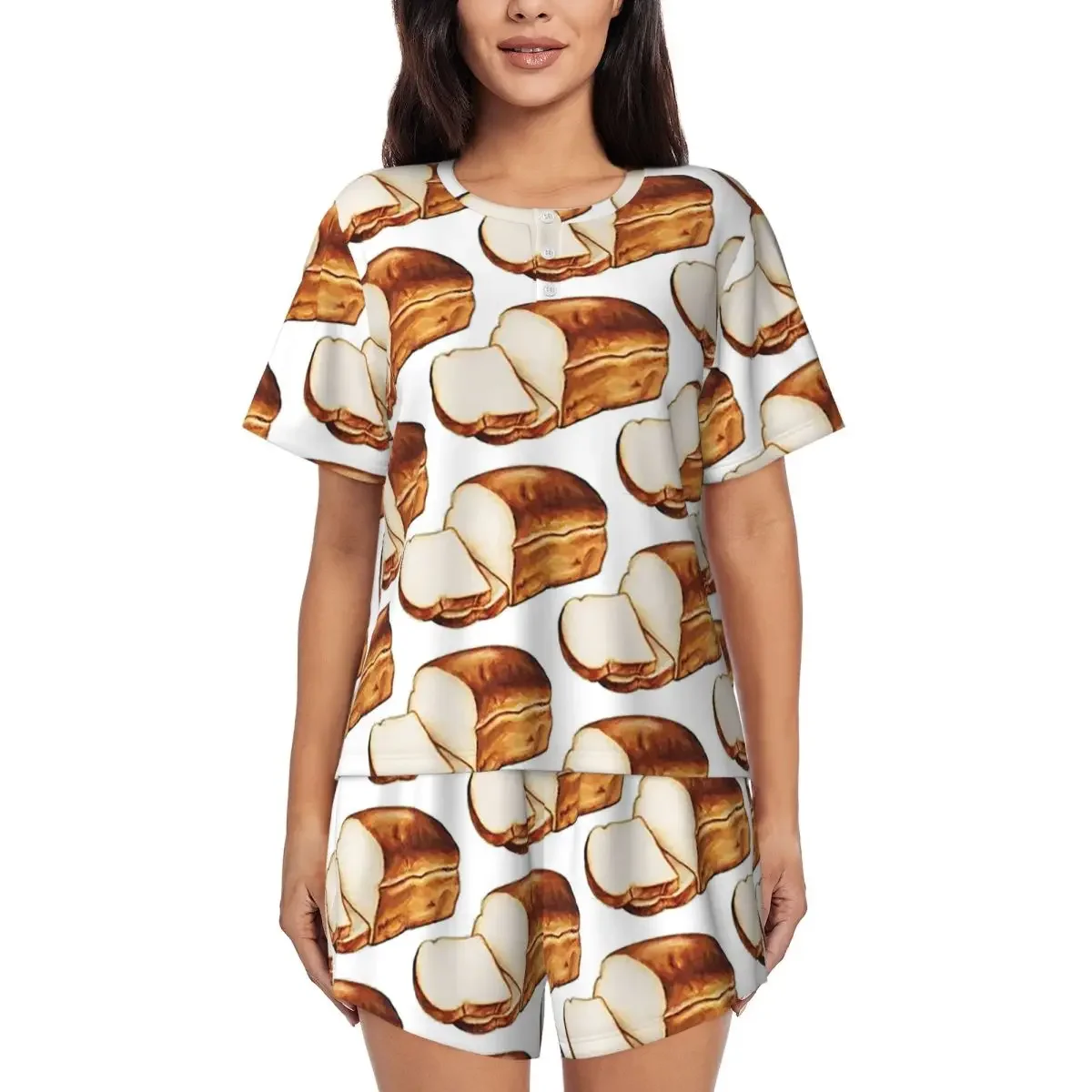 

Bread Pattern Round Neck Short Sleeve Nightgowns for Sleeping Sleepshirts Women Soft Pajama Set Short Pants