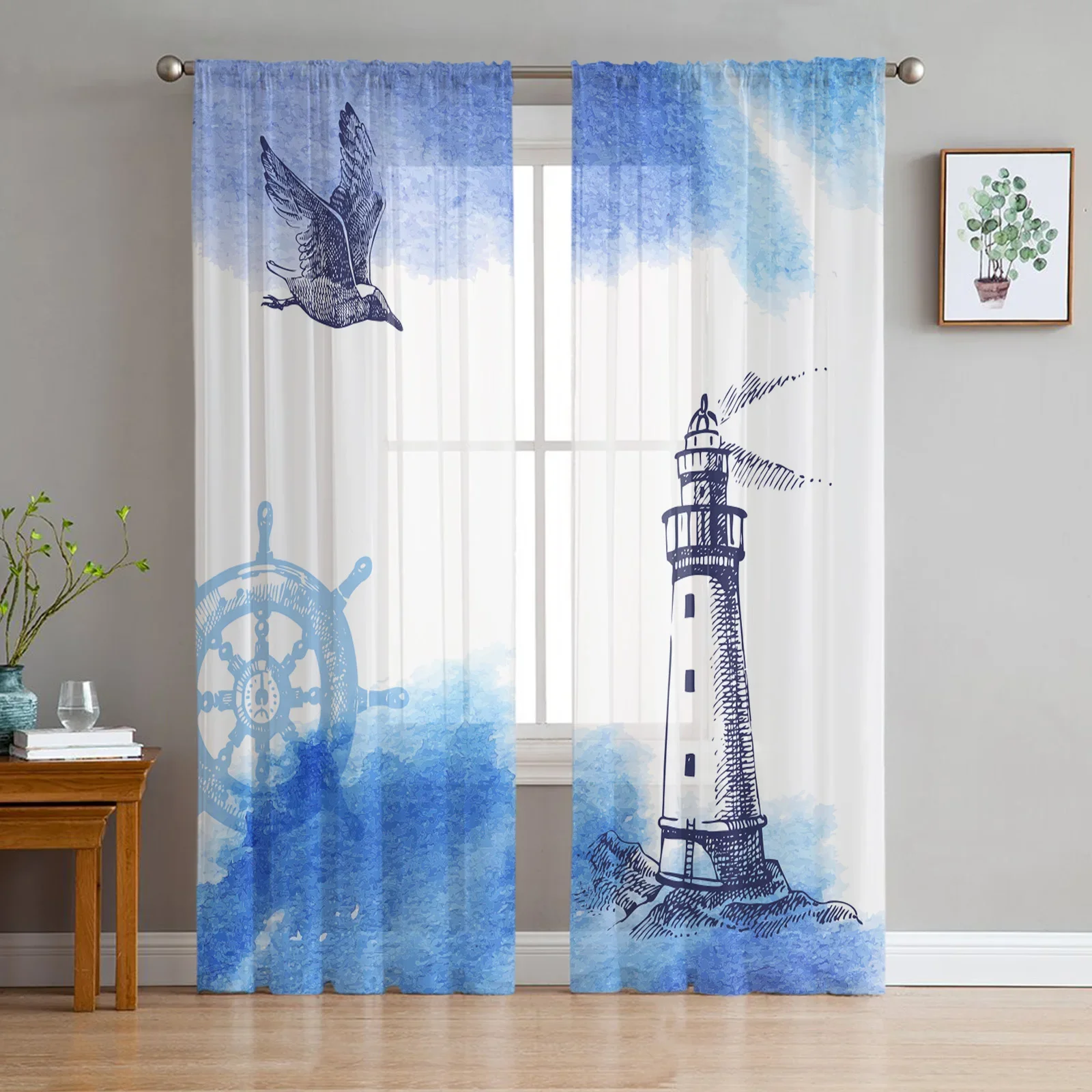 Watercolour Lighthouse Big Surf Seabird Sheer Curtains for Living Room Bedroom Decoration Window Voiles Morning Tulle Curtain